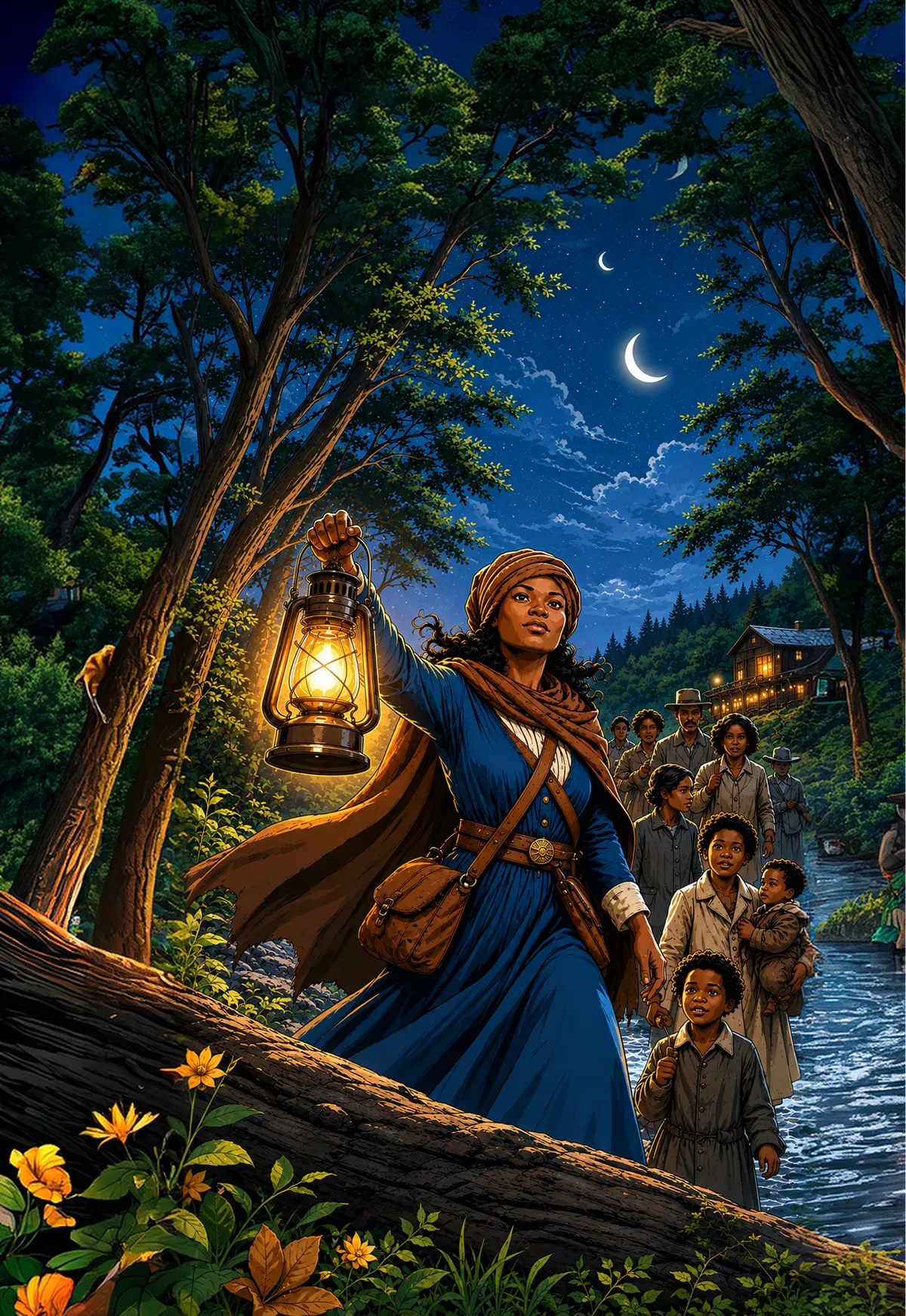 Harriet Tubman holds a lantern high as she leads a group through a moonlit forest.