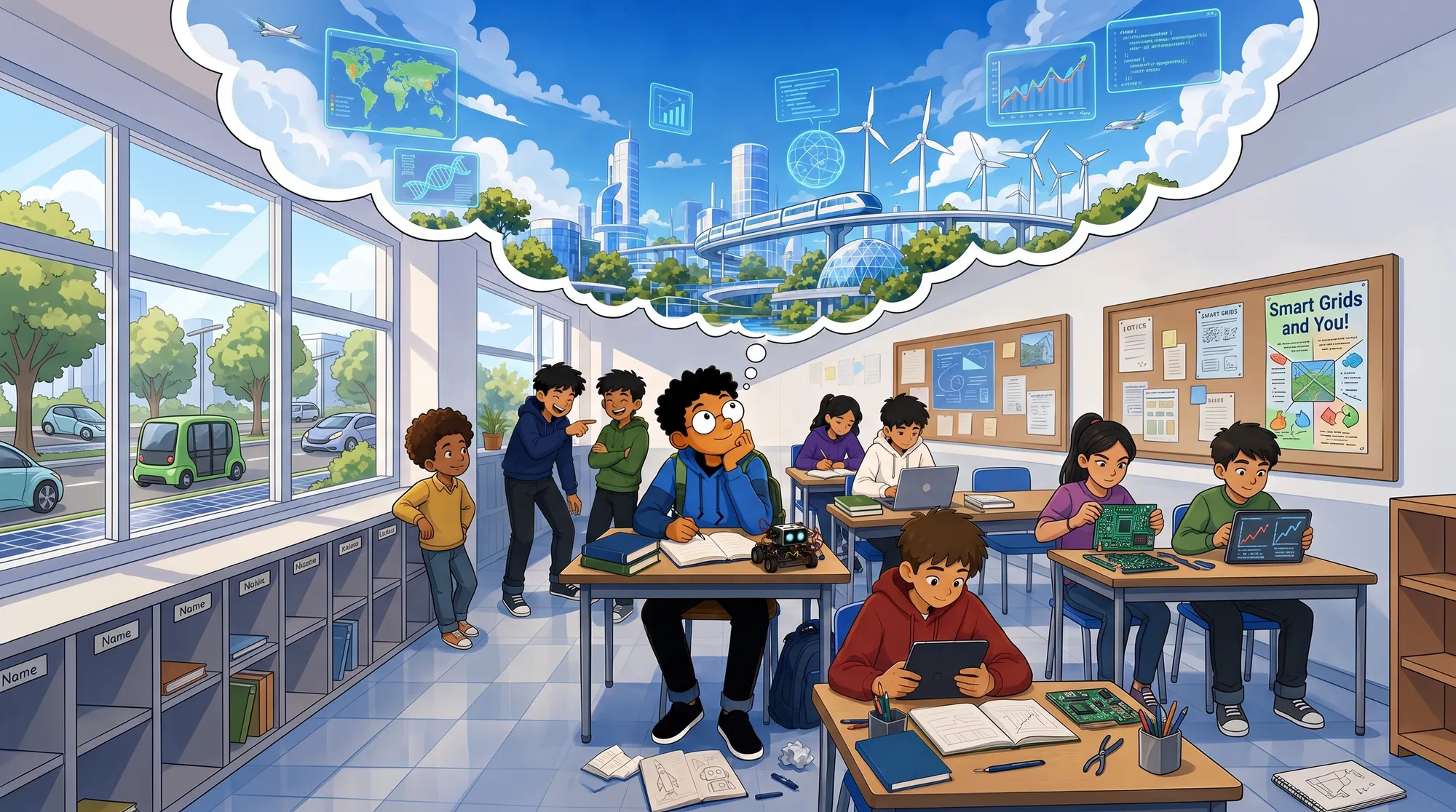 Joey daydreams at his desk. His thought cloud shows a city of glass towers and wind turbines.